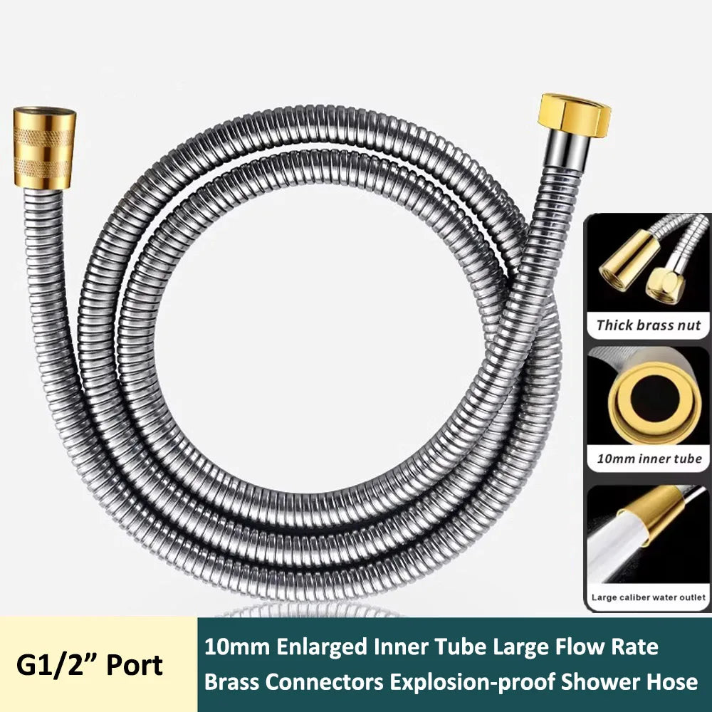 1.5/2/3M Large Flow Stainless Steel Shower Hose Brass Connector Flexible Shower Pipe Enlarged Inner Tube Bathroom Accessories
