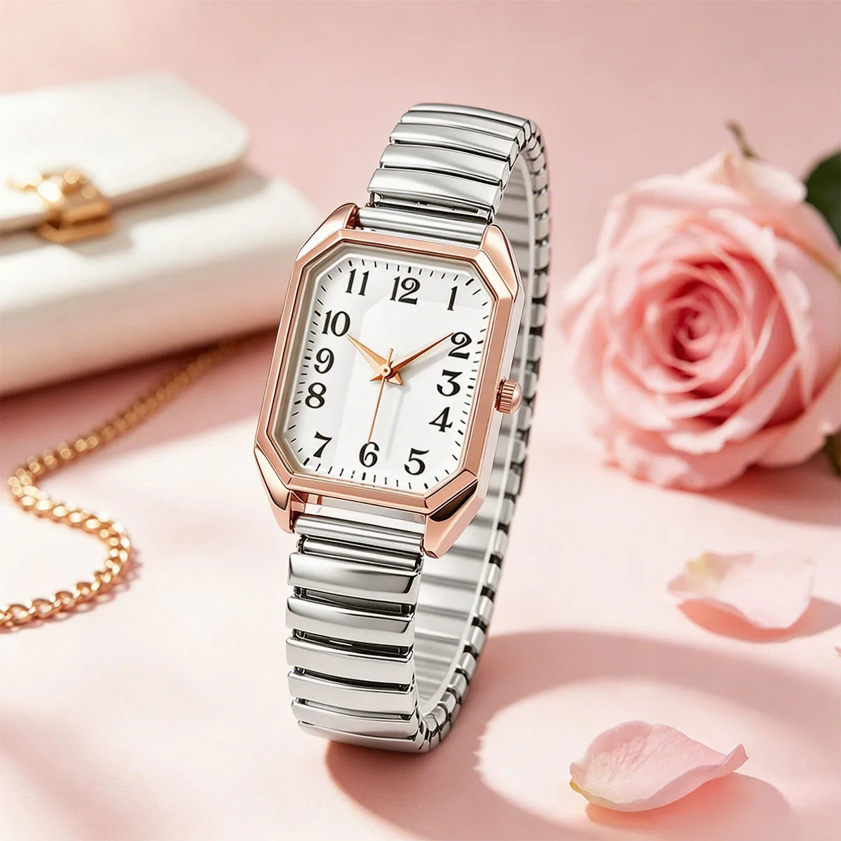 Business Luxury Simple Popular Fashion Elastic Strap Alloy Rectangle Women Ladies Quartz Watches