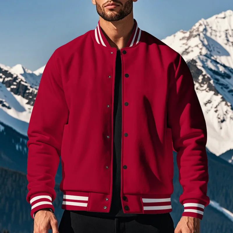 Men's Varsity Baseball Jacket Ribbed Collar Button Down Long Sleeve Loose Fit Casual Streetwear Bomber Coat With Pockets