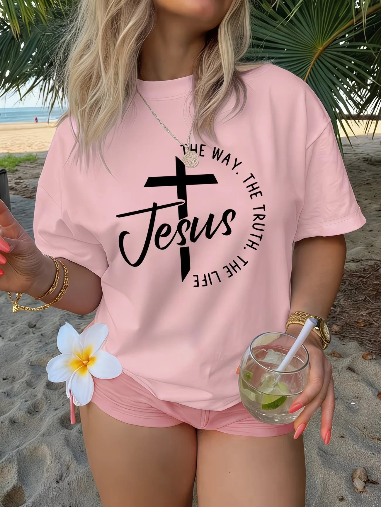 Crew Neck Short Sleeve Jesus Cross Print T Shirt Women's Outfits Casual Streetwear Retro T shirts For Lady