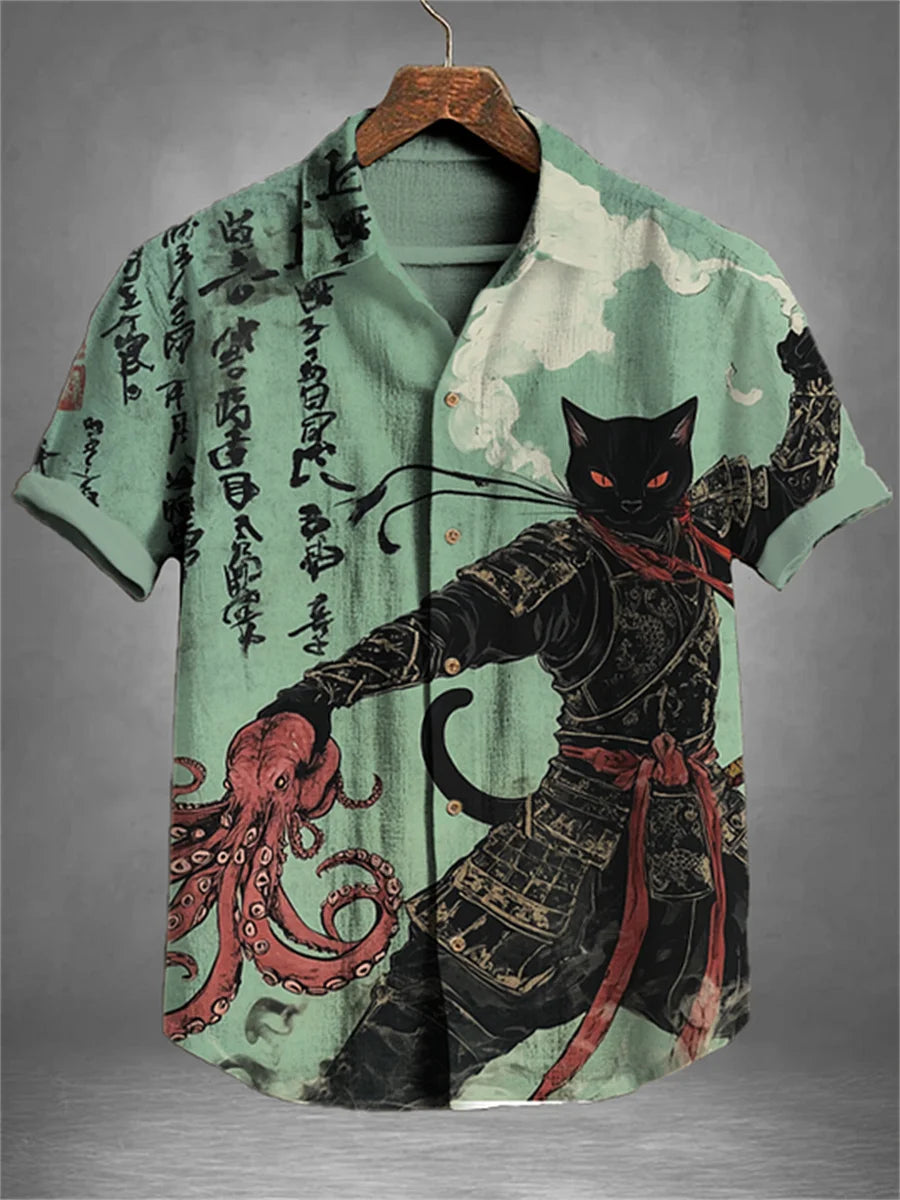 Men's blue and white color-blocked short-sleeved shirt with black cat print, collared casual outdoor vacation Hawaiian shirt.