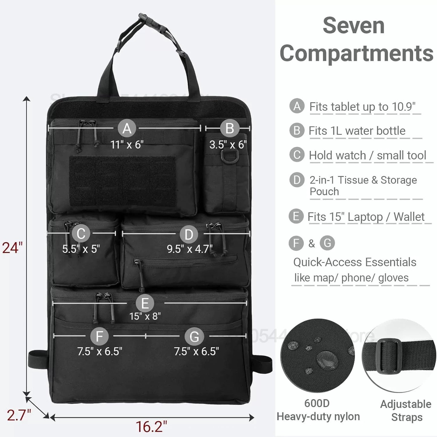 Tactical Car Seat Organizer with Multiple Pockets, Vehicle Backseat Storage Bag with Cup Holder Hanging Rear Seat Bag