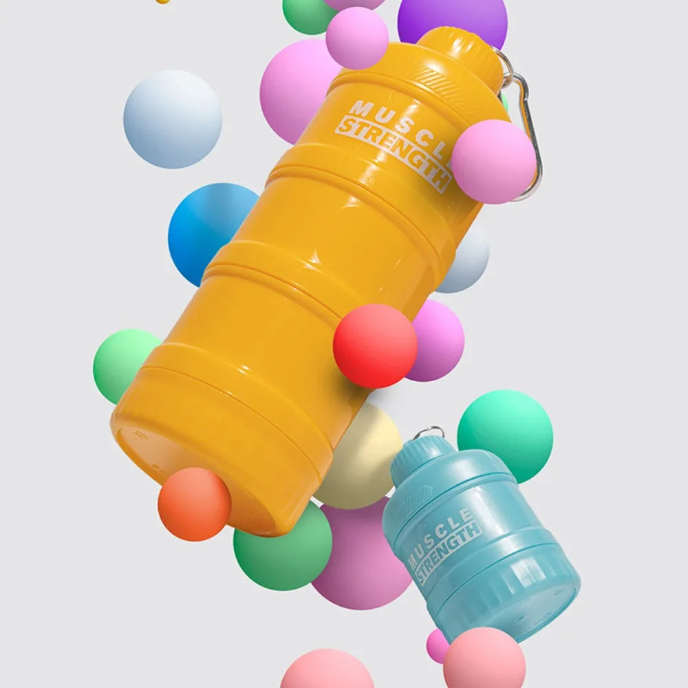 High Quality Plastic Protein Powder Box with Mountaineering Buckle Funnel Fitness Supplement Bottle Portable Medicine Box
