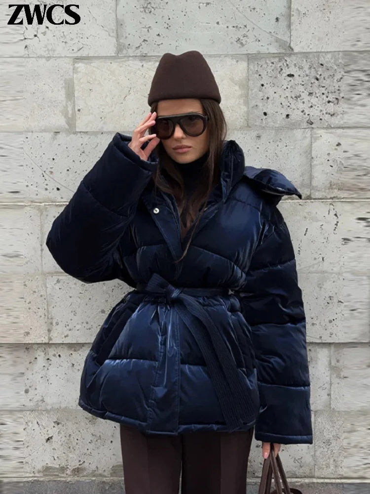 Warm Glossy Hooded Lace-up Cotton Coats Women's Casual Zipper Bottons Belted Overcoat 2026 Winter New Female Solid Streetwear