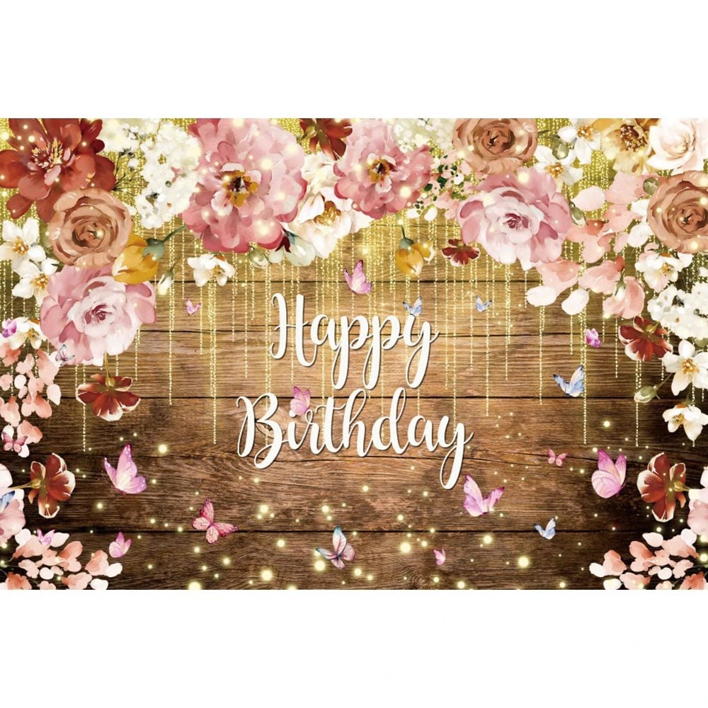 Happy Birthday Backdrop Gold Frame Frame Flower Butterfly Baby Shower Adult Anniversary Birthday Party Photography Background