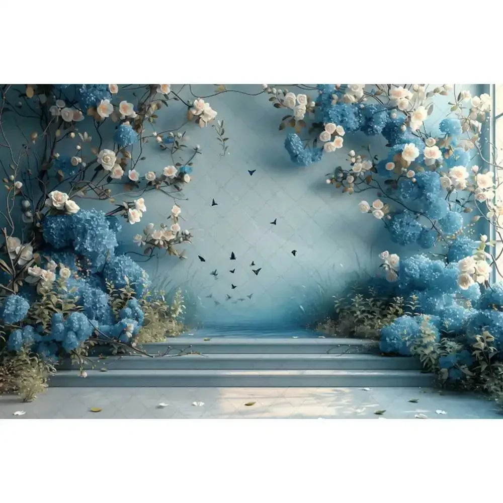 Blue gradual change butterfly wedding photography background custom dream flower portrait photo decoration banner studio supplie