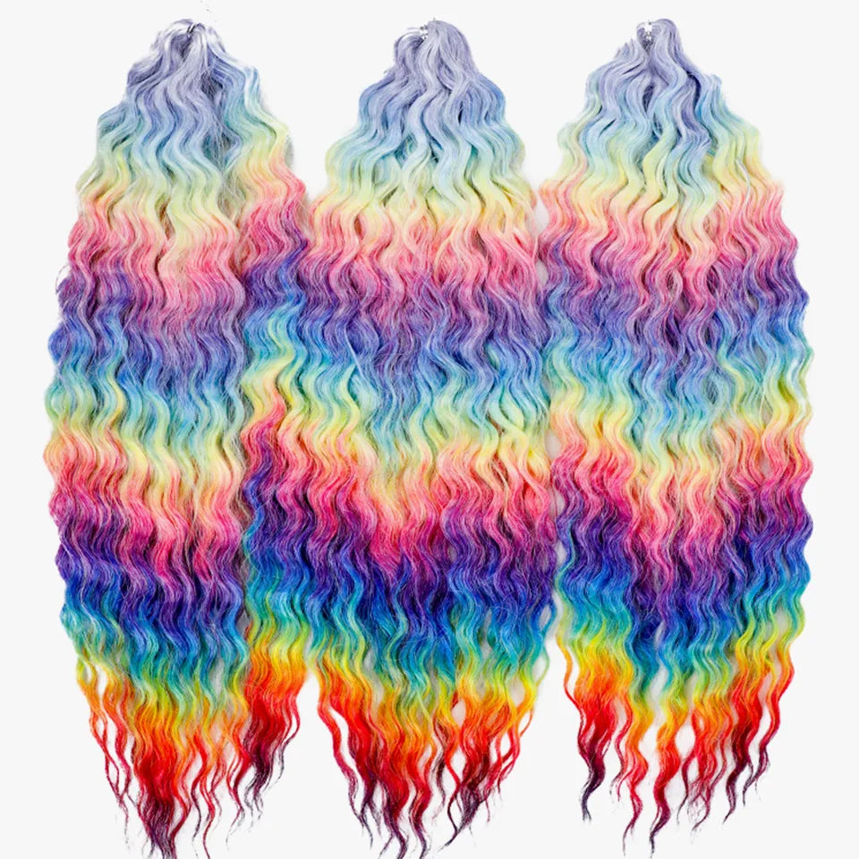 LOVE ME 22 Inch 300g/3pcs Ariel Curl Hair Water Wave Twist Crochet Hair Synthetic Ombre Rainbow Color Braiding Hair Extensions