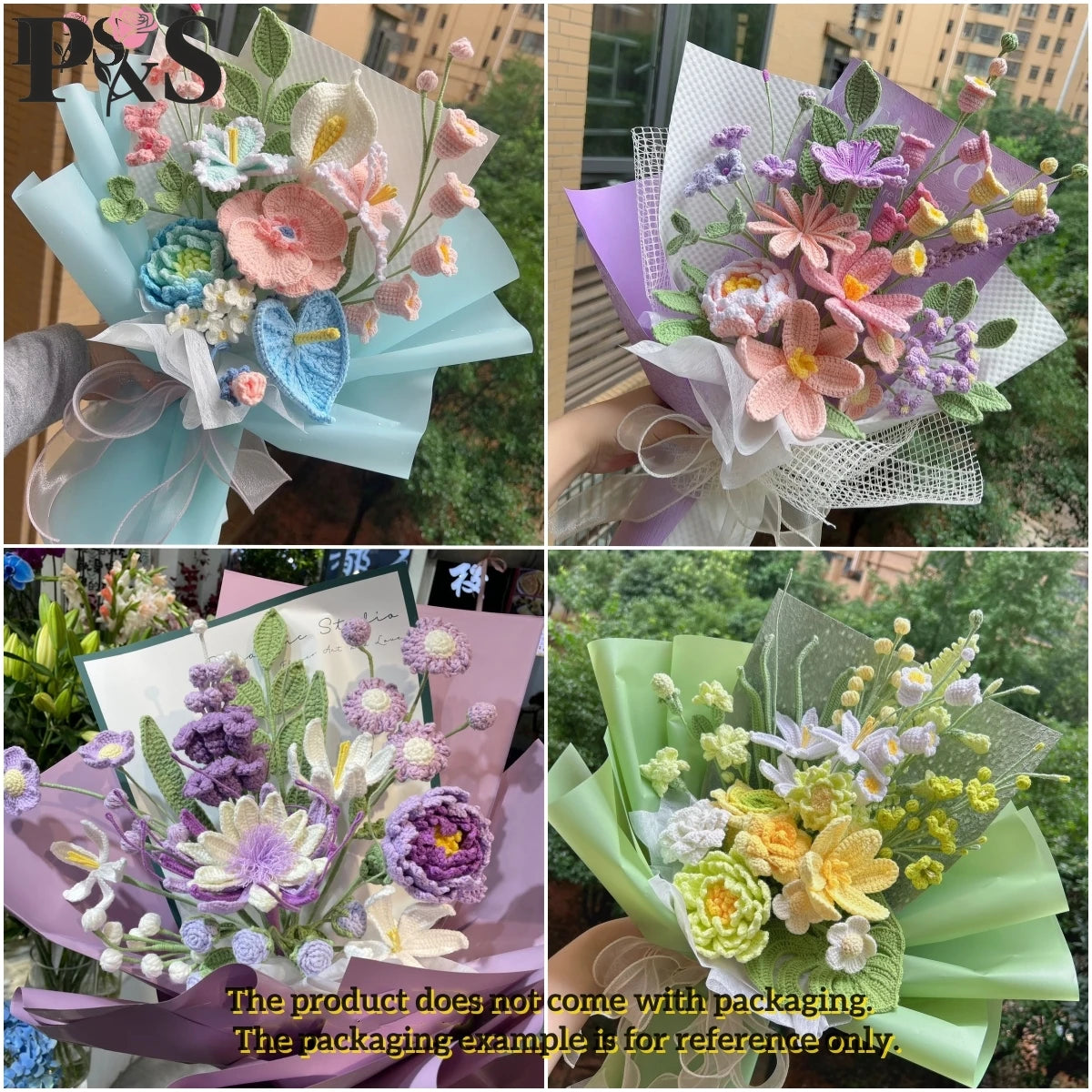 Christmas Crochet Flower Bouquet Decoration Handmade Cute Tulips Rose Pinecone Christmas Tree Home Decoration Artifical Flowers