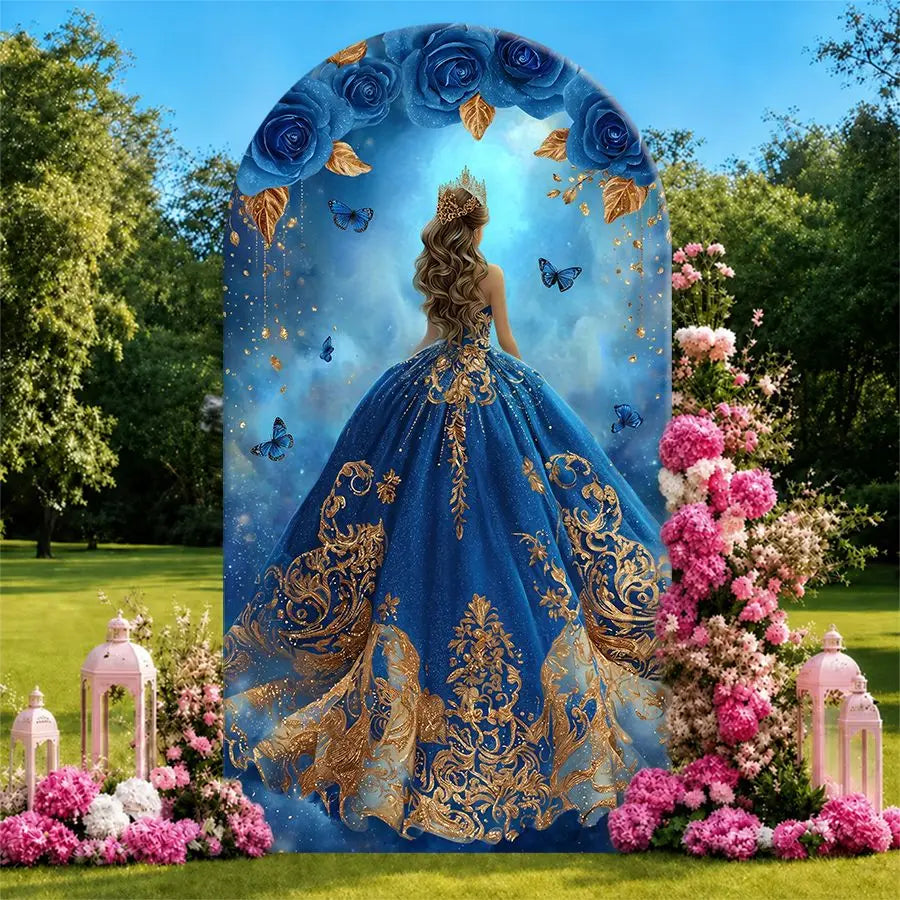 Blue Rose Princess Arch Backdrop Cover Party Backdrop Fabric Cover Birthday Party Baby Shower  Photo Wall Background Decoration
