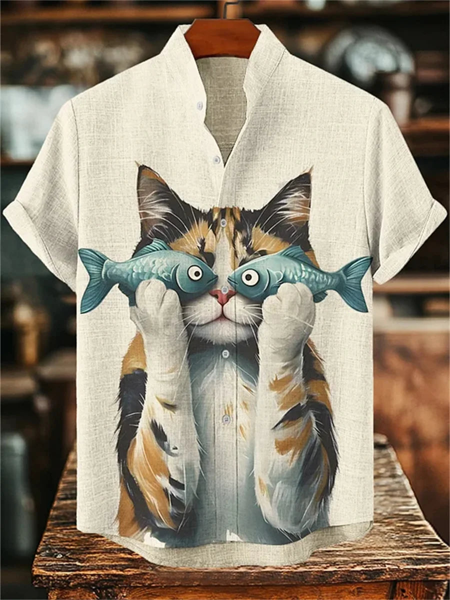 Men's short-sleeved shirt with a fun cat print, stand-up collar, single-breasted casual style. Hawaiian shirt, men's unique top.