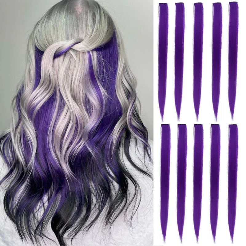 10PCS Hair Extensions Clip in -24 inch Colorful Hair Extensions Party Highlights Long Straight Synthetic Wigs,Suitable for Girl
