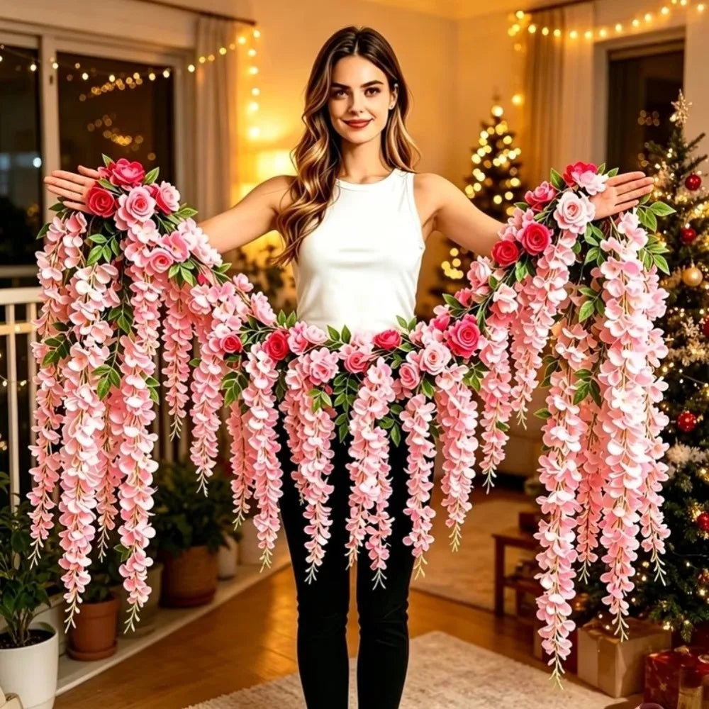 Greenery 250cm Artificial White Rose Vine 3D Bushy Hanging Rattan Flower Easy-to-hang Fake Plant Garden