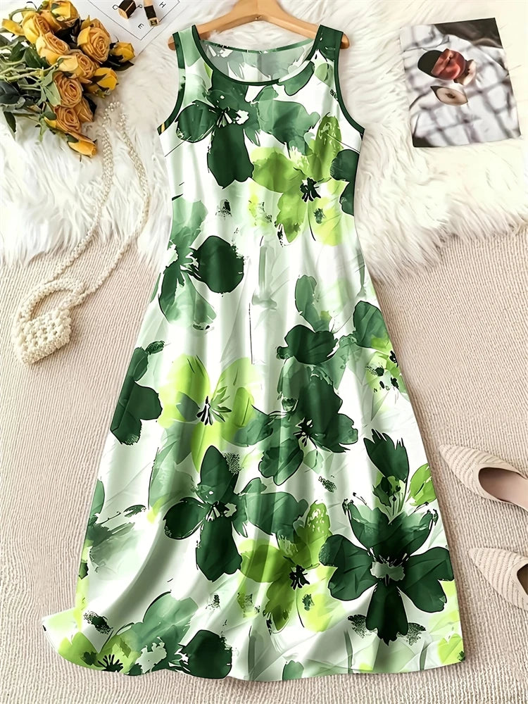 Summer Fashion Round-Neck Women's Dresses Botanical Floral Color-Blocked Patchwork Dresses Travel Party and Beach Dresses
