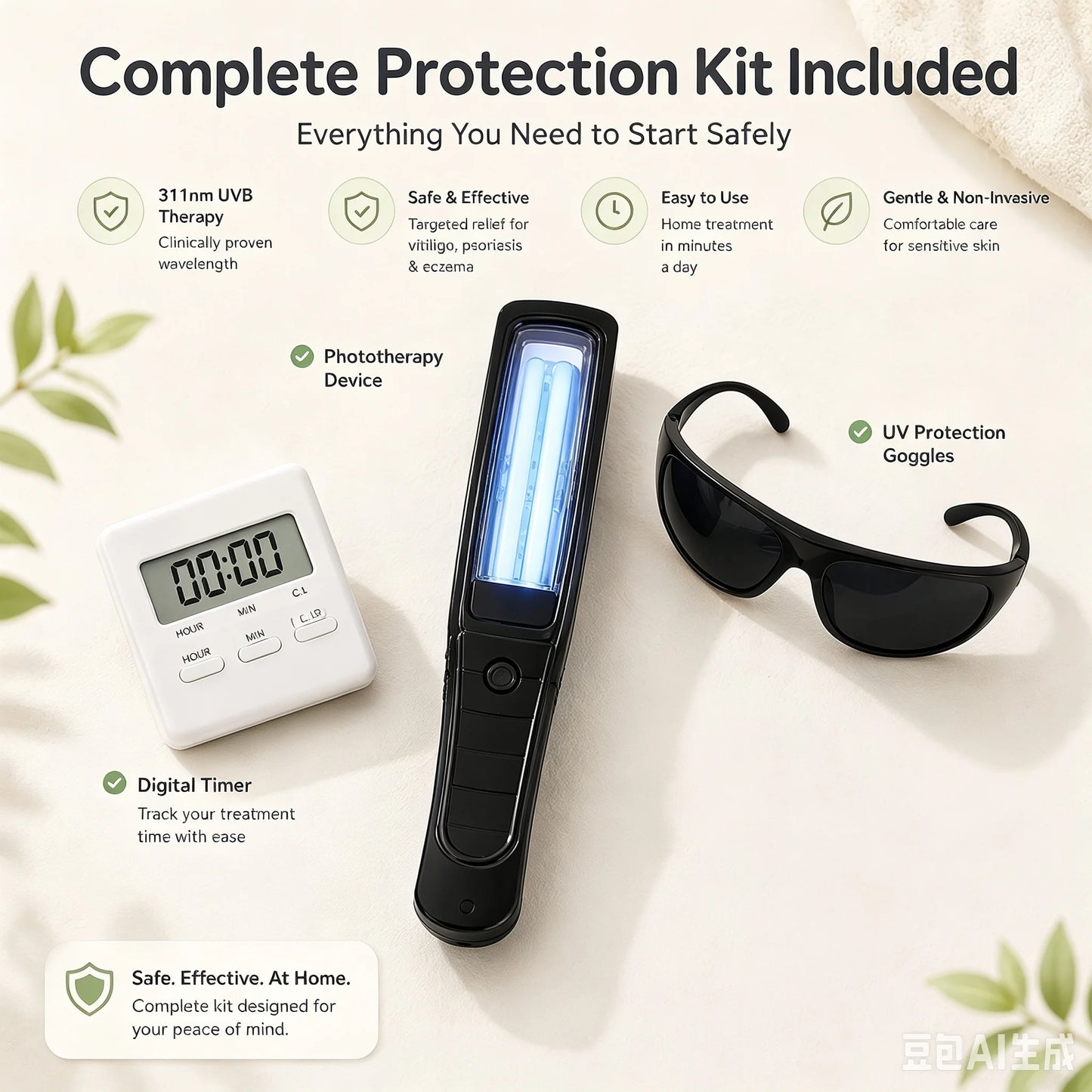 311nm Narrowband UVB Handheld Phototherapy Light Easy Operation Home Travel Skin Care Tool Set