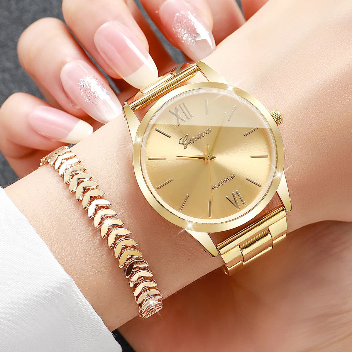 2PCS/Set Luxury Women Quartz Watches Fashion Roma Dial Ladies Wristwatch Bracelet Set Reloj Mujer (Without Box)