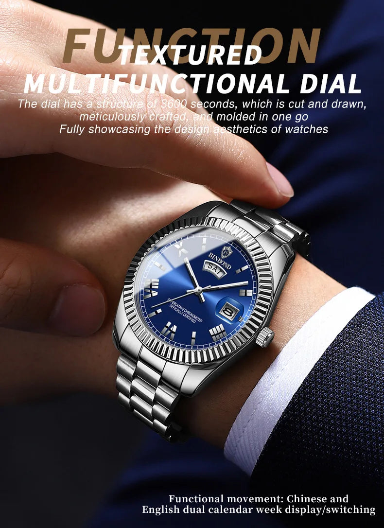 BINBOND Luxury Precise Quartz Wristwatches For Men Fashion Casual Reloj Luminous Waterproof Week Auto Date Men's Watch Durable