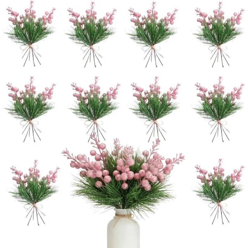 10Pcs Artificial Berry Picks Pine Branches Christmas Tree Decoration for Home New Year 2026 Decor Xmas Crafts Wreath Ornament
