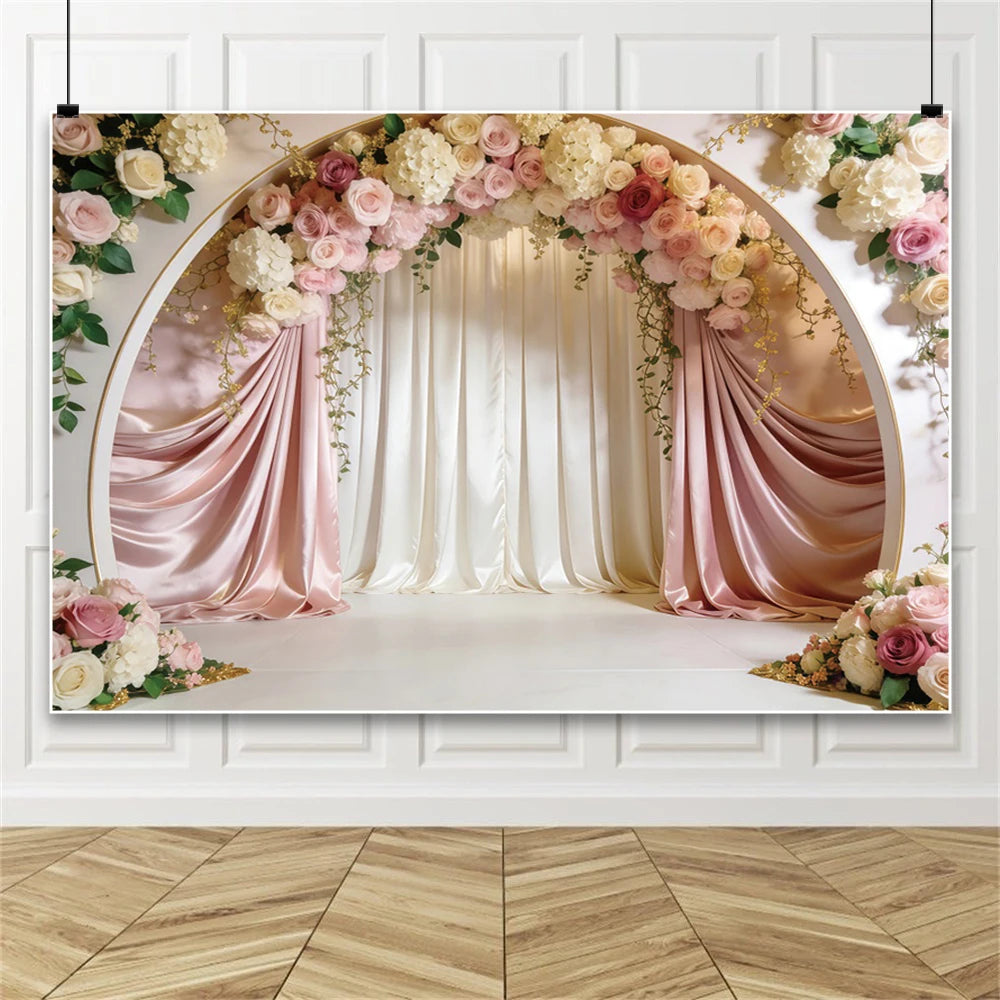 Pink Floral Wedding Backdrop Rose Arch Satin Drapery Photography Background for Bridal Shower Ceremony Photo Booth Decor