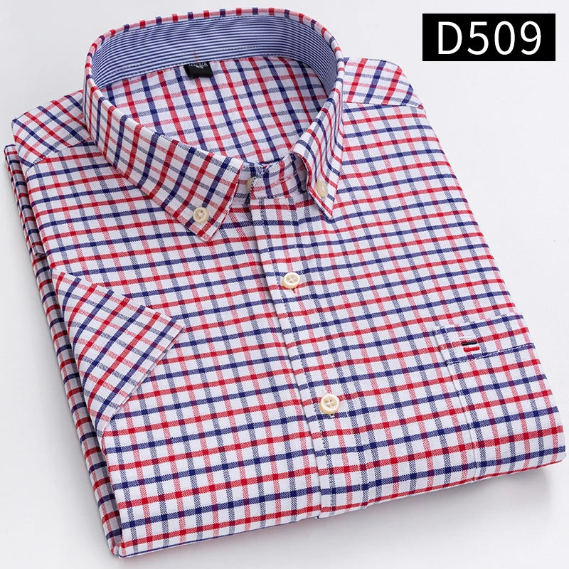 Plus Size 7XL Summer Short Sleeve Shirt 100%Cotton Shirts for Men White Plaid Striped Social Slim Fit Formal Business Clothing