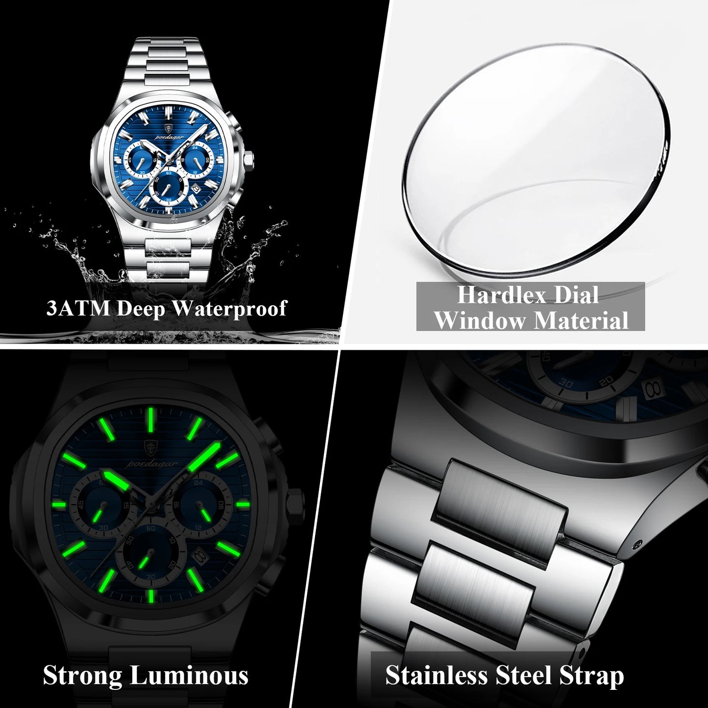 POEDAGAR Top Luxury Man Watch Waterproof Stainless Steel Luminous Men Clock Date Chronograph Quartz Business Men's Watches Reloj
