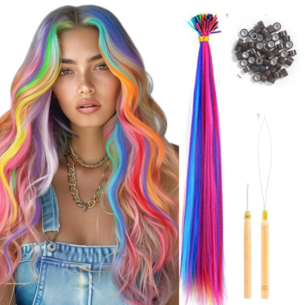 50 Pcs Hair Feathers with Hair Extension Tools,Long Straight Synthetic Hair Feather Extensions Kit with Beads for Women Girls