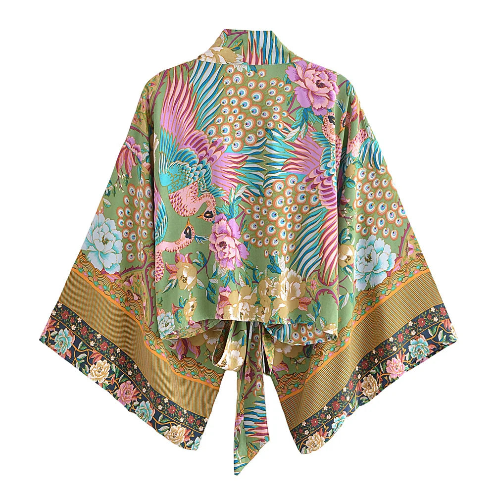 Boho Queens Women Peacock Floral Print Outfits Short Kimono Robe Bohemian Suits Wide Leg Pants 2 Pieces Rayon Boho Sets Swimsuit