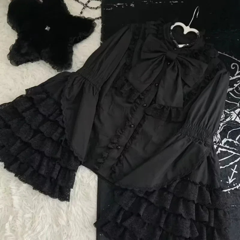 Japanese Gothic Lolita Flare Sleeve Shirts Women Y2k Aesthetic Lace Ruffle Patchwork Blouse Elegant Lady Chic Loose Tops New