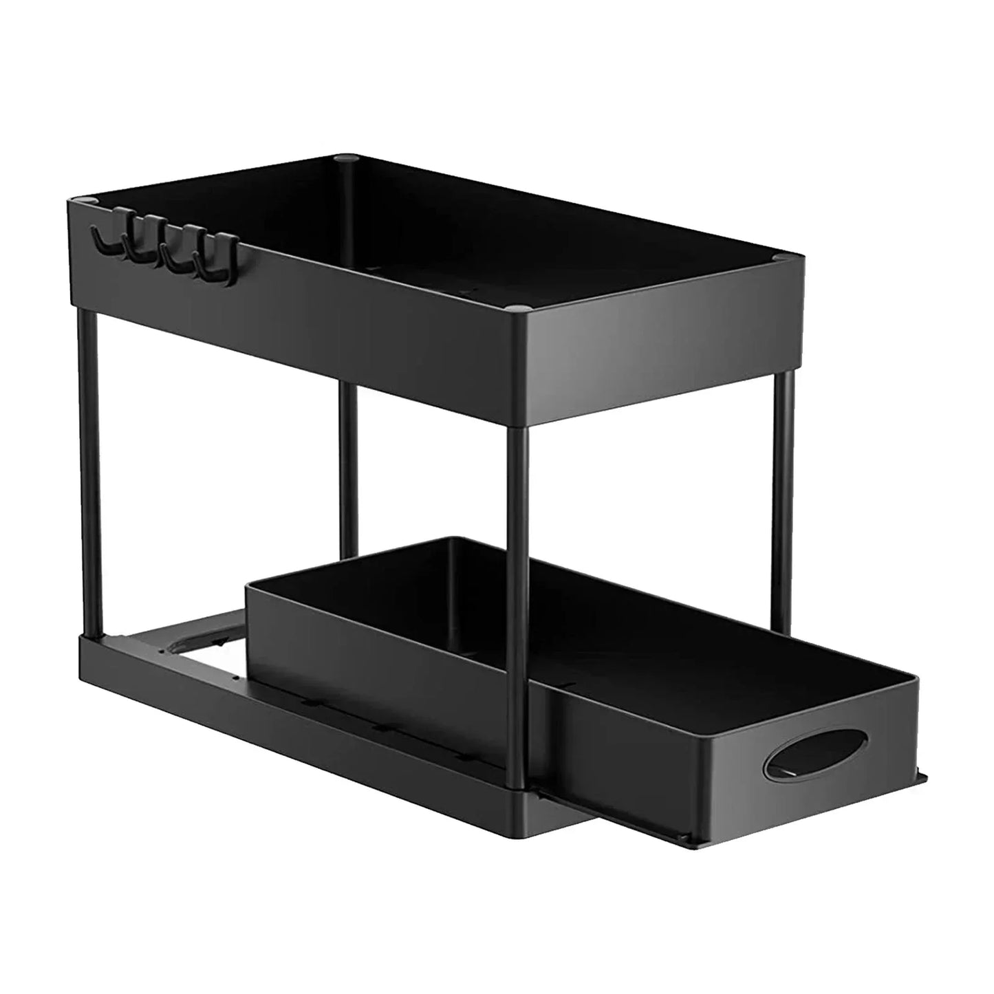 2-Tier Sliding Storage Basket Kitchen Bathroom under Sink Organizer with Multipurpose Shelf Hanging Cup & Hook Accessories