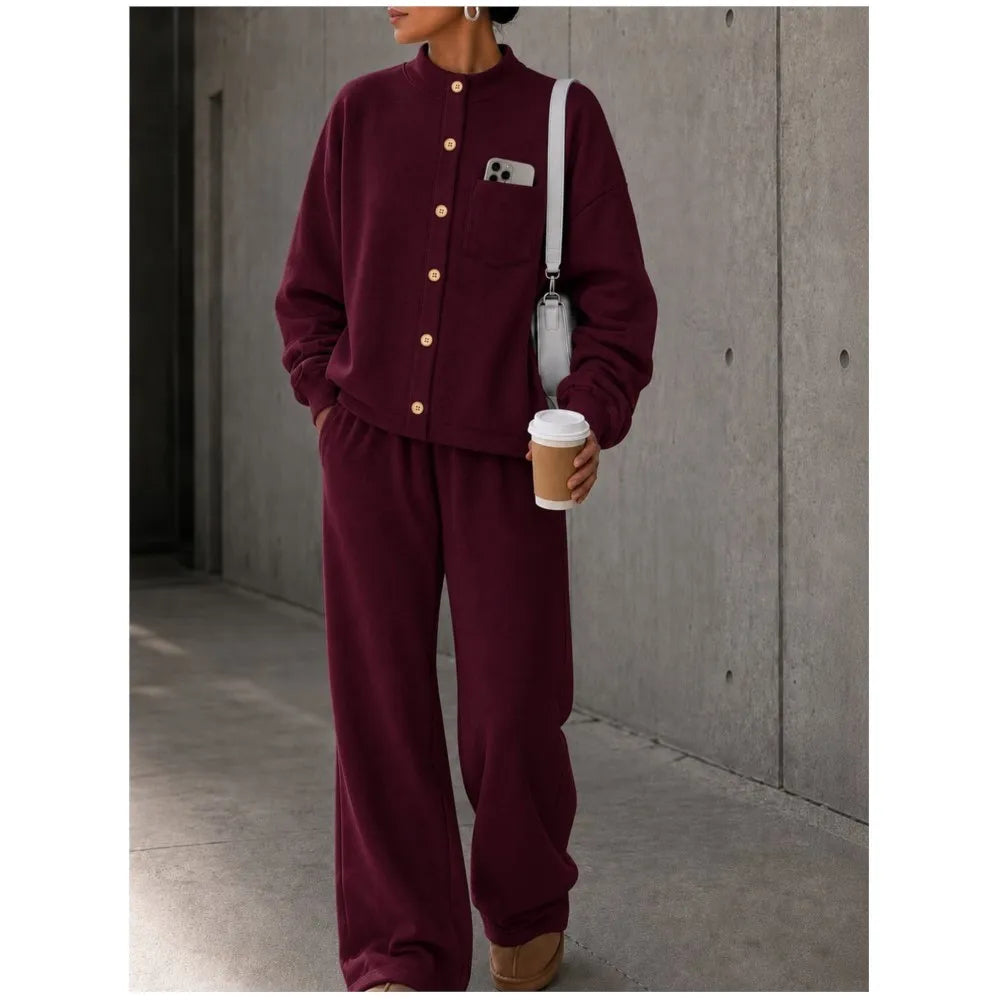Autumn Women's Single-breasted Button-down Long-sleeved Cardigan Trousers 2-piece Set Casual Retro Wide-leg Trousers Female Suit
