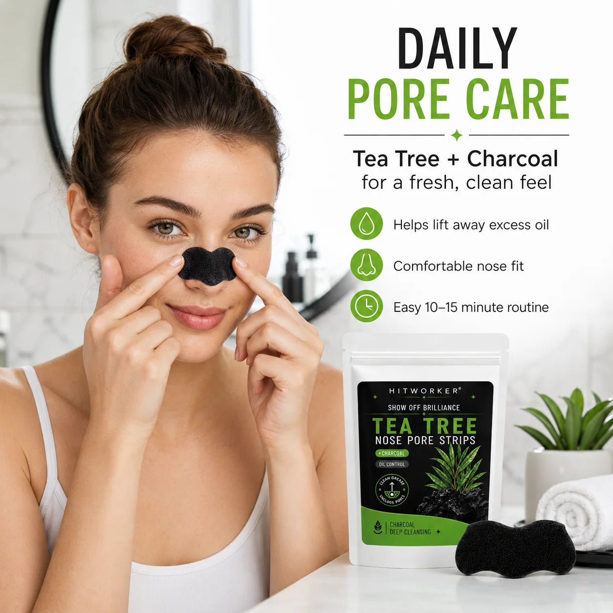 Tea Tree Charcoal Nose Pore Strips, Deep Cleansing Blackhead Remover for Men & Women, Oil Control Nose Care, 10–15 Min Routine