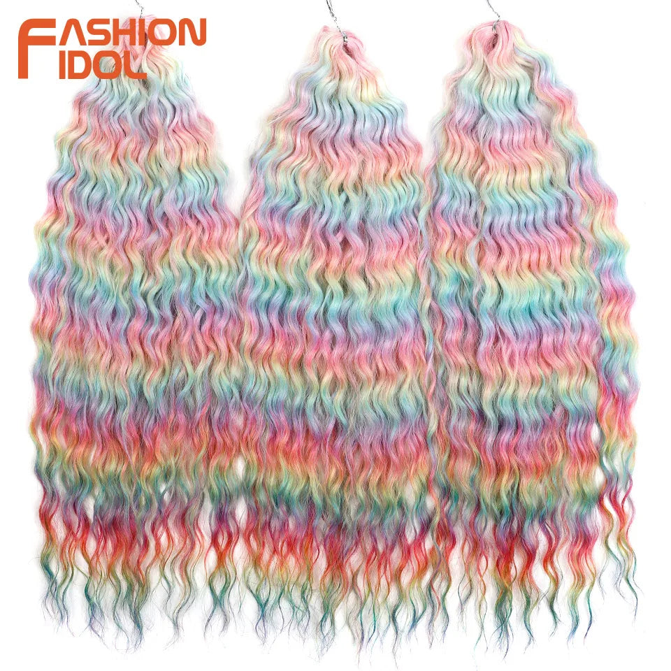 LOVE ME 22 Inch 300g/3pcs Ariel Curl Hair Water Wave Twist Crochet Hair Synthetic Ombre Rainbow Color Braiding Hair Extensions