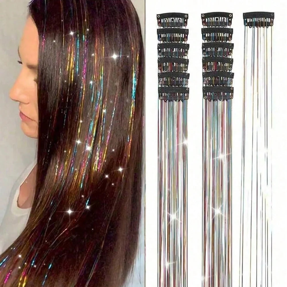 12Pcs Hair Tinsel Clip In 19.7" Glitter Tinsel Hair Extensions Synthetic Clip In Sparkle Hair Accessories For Kids Girls Women