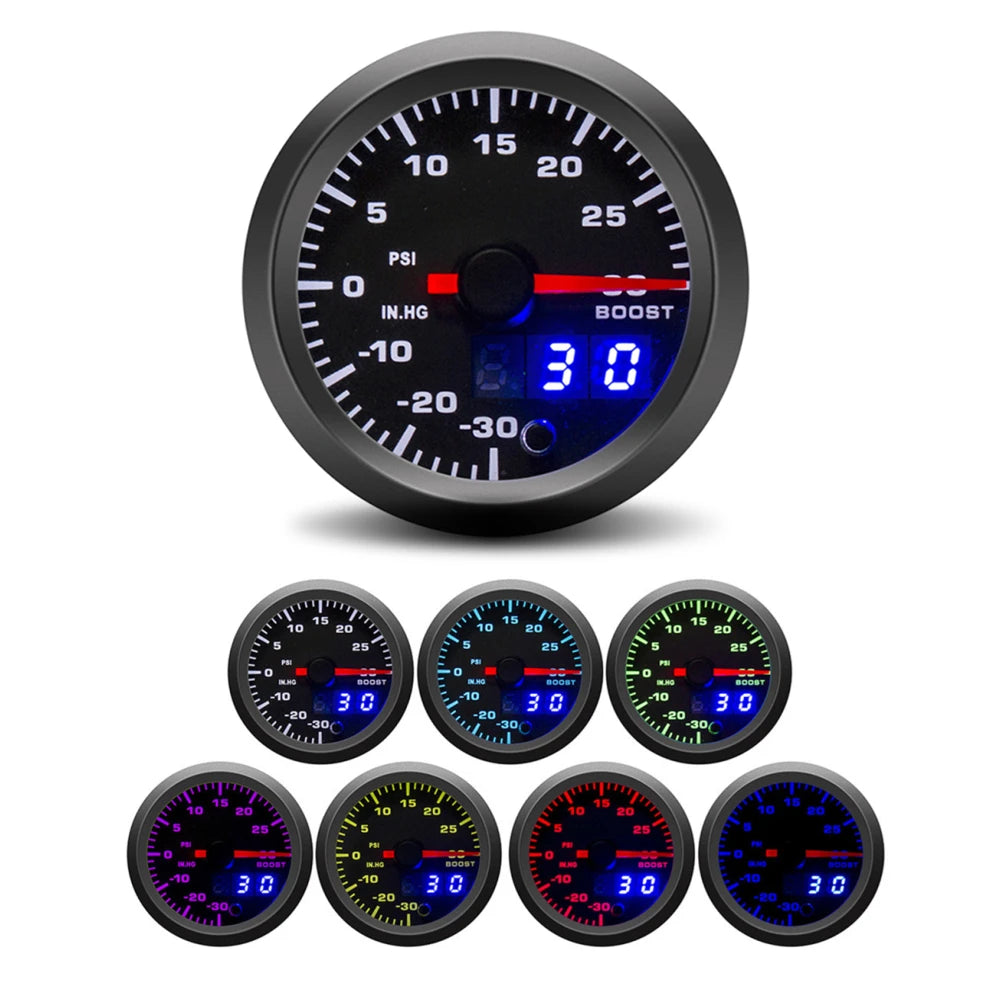 52mm Tachometer PRM Boost Gauge Water Temp Oil Temp Oil Press Voltmeter EGT Gauge AFR Gauge 7 Colors LED Dual Display Car Gauge