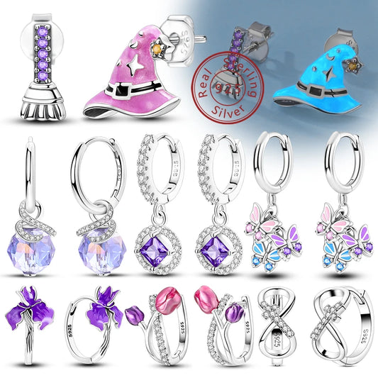 New Original 925 Sterling Silver Hoop Earrings Purple Zircon Flowers Butterflies Studs Earring For Women Wedding Engagement Gift