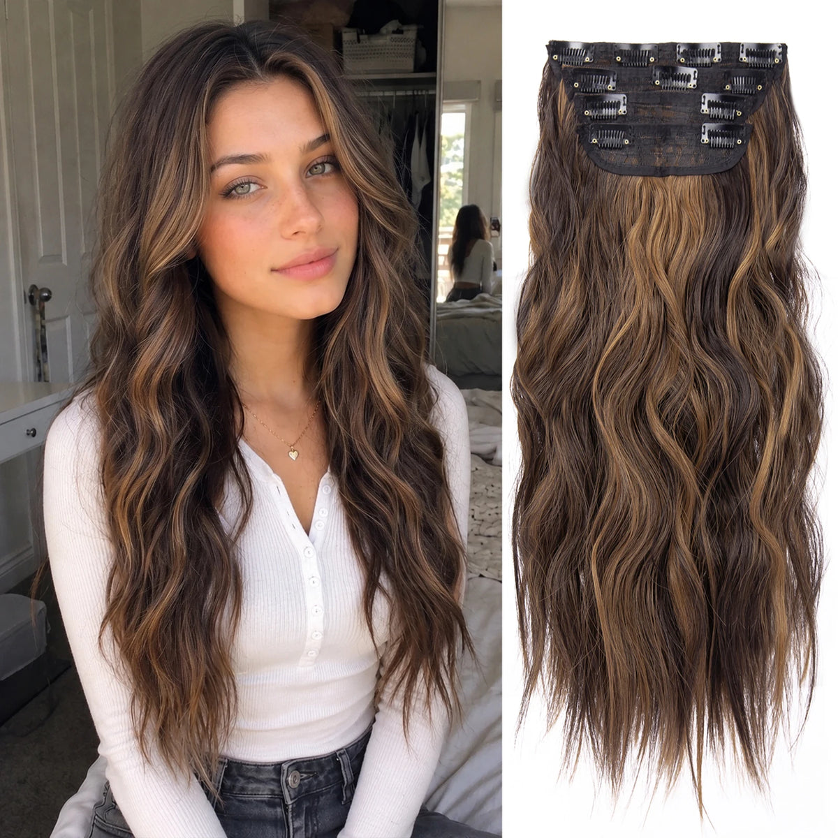 4Pcs/Set 20Inch Synthetic Hair Clip In Long Wavy Thick Hairpieces For Women Full Head Synthetic Hair Extensions Ombre Hairpieces