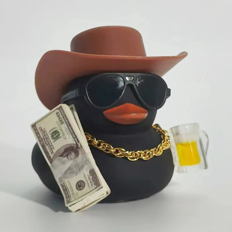 Cute Fortunate Rich Duck Car Dashboard Decoration Yellow Black Duck with Cowboy Hat Scarf Bottle for Women Men Car Ornament