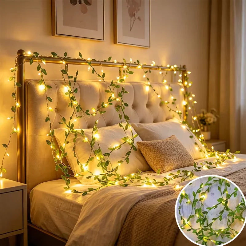 LED Green Leaf Vine Fairy Light- Artificial Plant Garland String Light for Wedding, Birthday, Party, Home Wall & Window Decor
