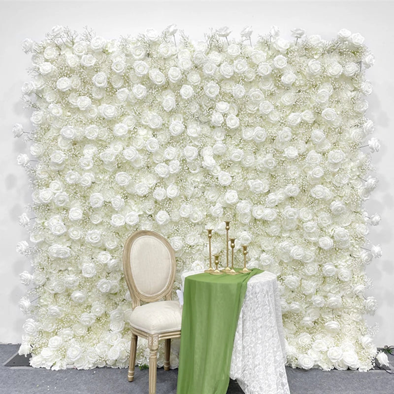 Luxur white Rose Roll Up Cloth 5D Flower Wall Arrangement Wedding Backdrop Decor Hanging Curtain Green Plants Wall Party Props