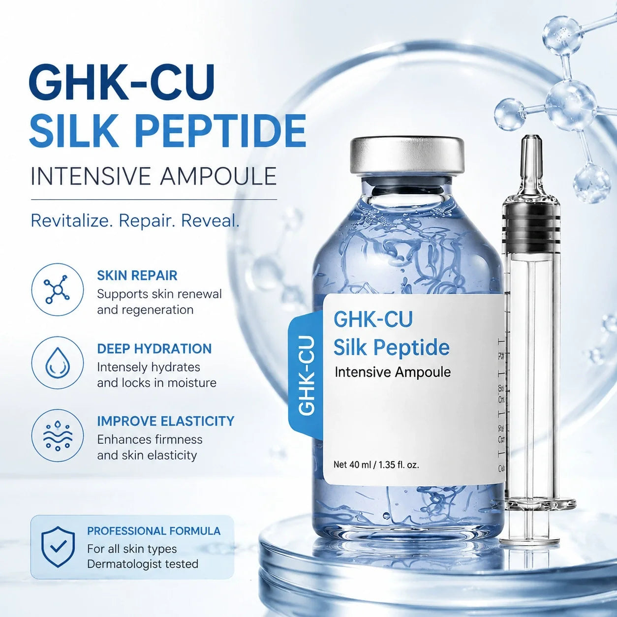 GHK-Cu Blue Copper Silk Peptide Ampoule Serum Deep Collagen Hydrate Moisturize Soften Smooth Firm Korean Facial Skin Care