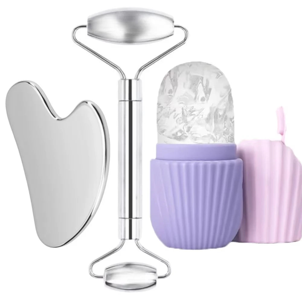1/3PCS Face Ice Roller Stainless Steel Gua Sha Board Face Massage Roller Facial Massager Face Lifting Beauty Skin Care Tools