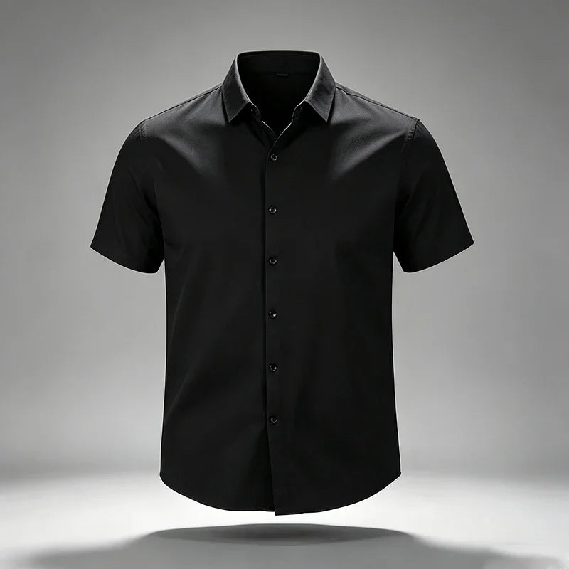 Mens Wrinkle Free Non Iron Silky Stretch Short Sleeve Dress Shirts Standard Point Collar Full Button Summer Office Formal Tops