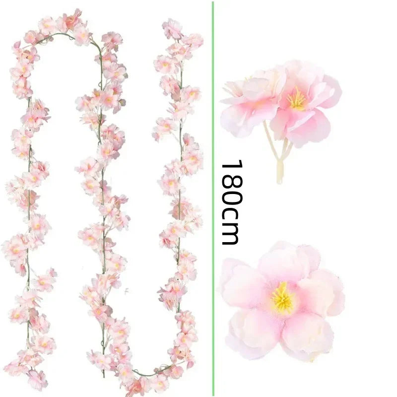 1-10PCS 180cm Artificial Cherry Blossom Garland Fake Flower Vine Wall Decoration Wedding Party Backdrop DIY Home Garden Decor