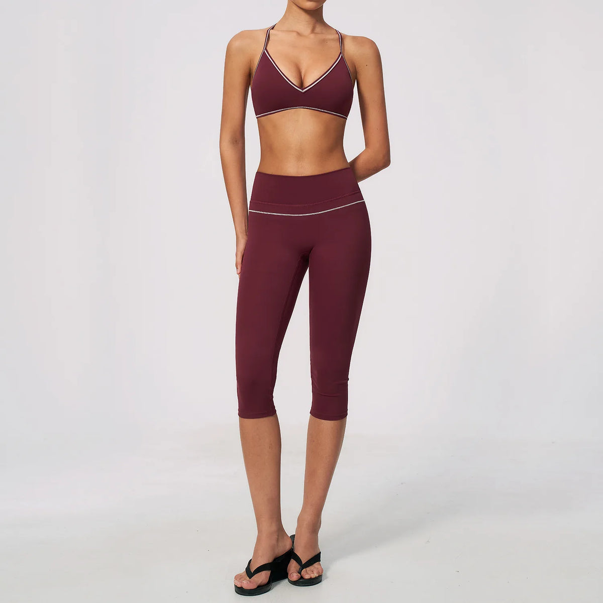 Women 2 Piece Yoga Set V Neck Crop Top and V Back Capri Leggings Butt Lifting Workout Gym Suit Contrast Piping Activewear Female