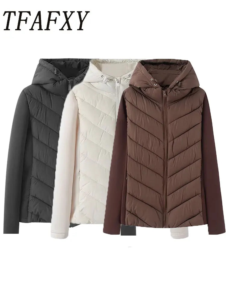 TFAFXY Casual Chic Women Jackets Hooded Zipper Loose Thick Splicing Cotton Coats New Fashion 2025 Autumn Winter Outwears