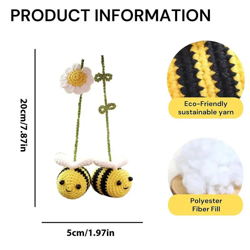 Knitted Bee Car Ornament Bee Handmade Crochet Car Ornament Woven Bee Rearview Glass Charm Car Accessories For Bee Lovers Decor