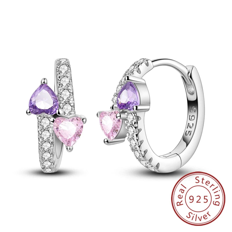 New Original 925 Sterling Silver Hoop Earrings Purple Zircon Flowers Butterflies Studs Earring For Women Wedding Engagement Gift