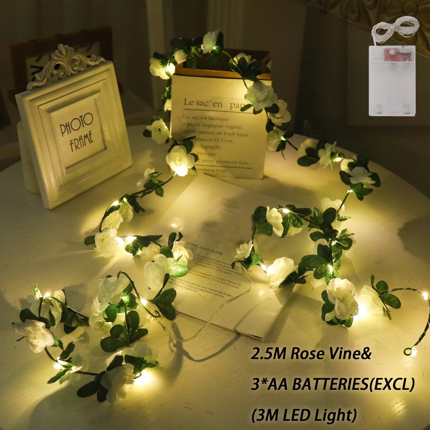 Rose LED Lights String Artificial Flowers Ivy Leaves Wedding Garland Home Room Decoration Arch Hanging Wall Garden Party Decor