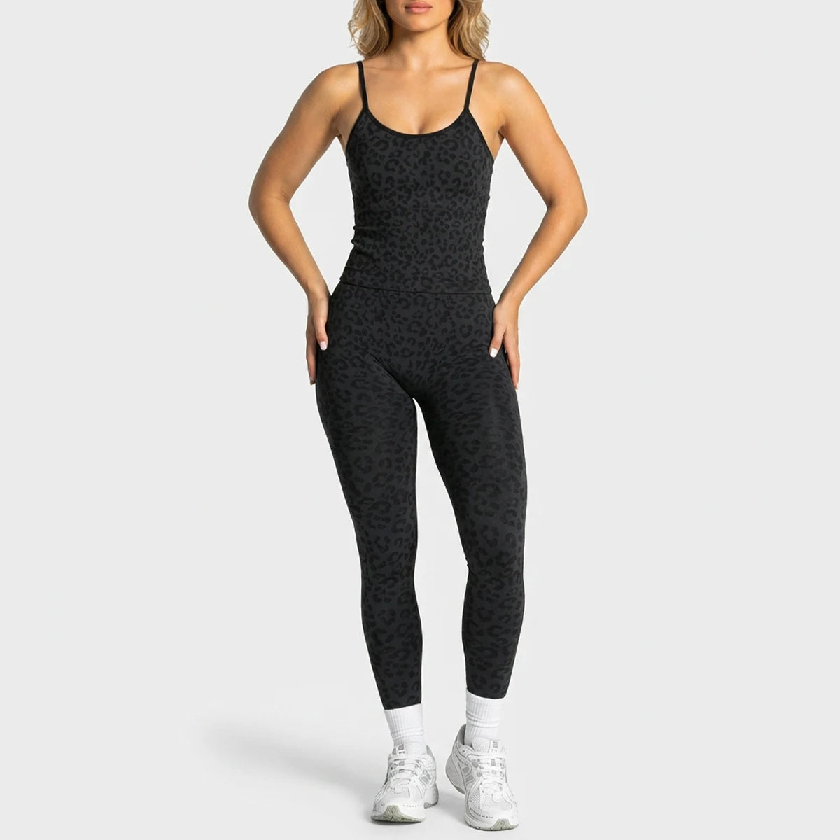 Wild Leopard Yoga Workout Set Sleeveless Top & Long Pants for Women, Moisture Wicking High Stretch Fitness Activewear