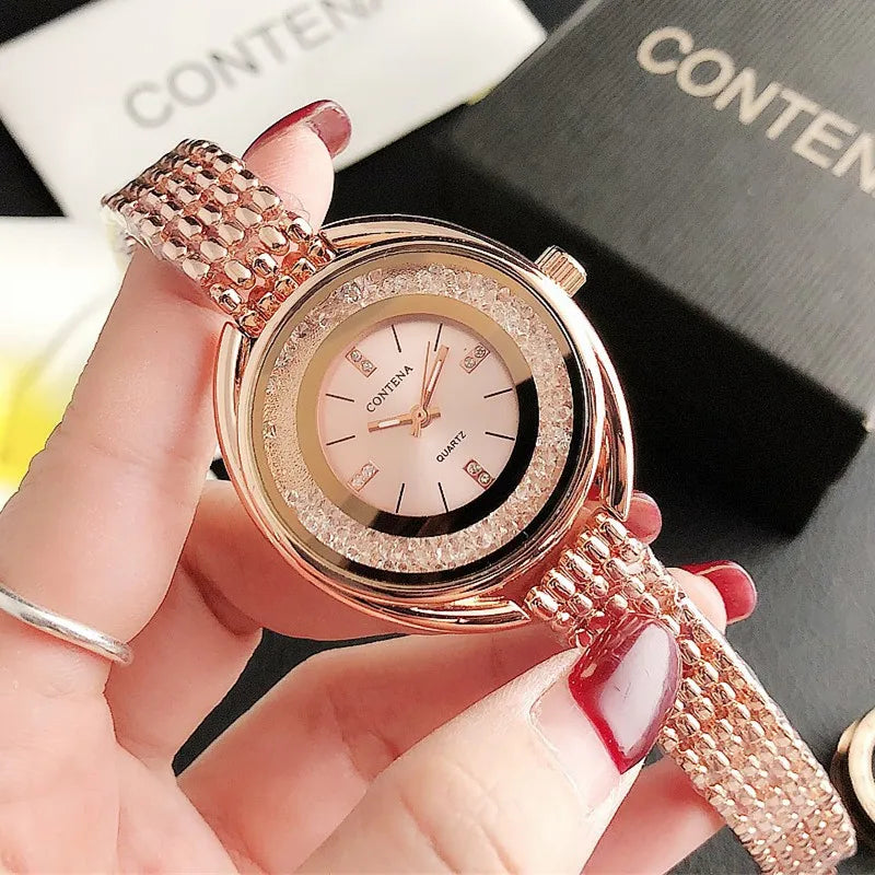 Luxury Rhinestone Ladies Stainless Steel Watch CONTENA Fashion Gold Women's Watch Diamonds Ceasuri Quartz Wristwatches Clock