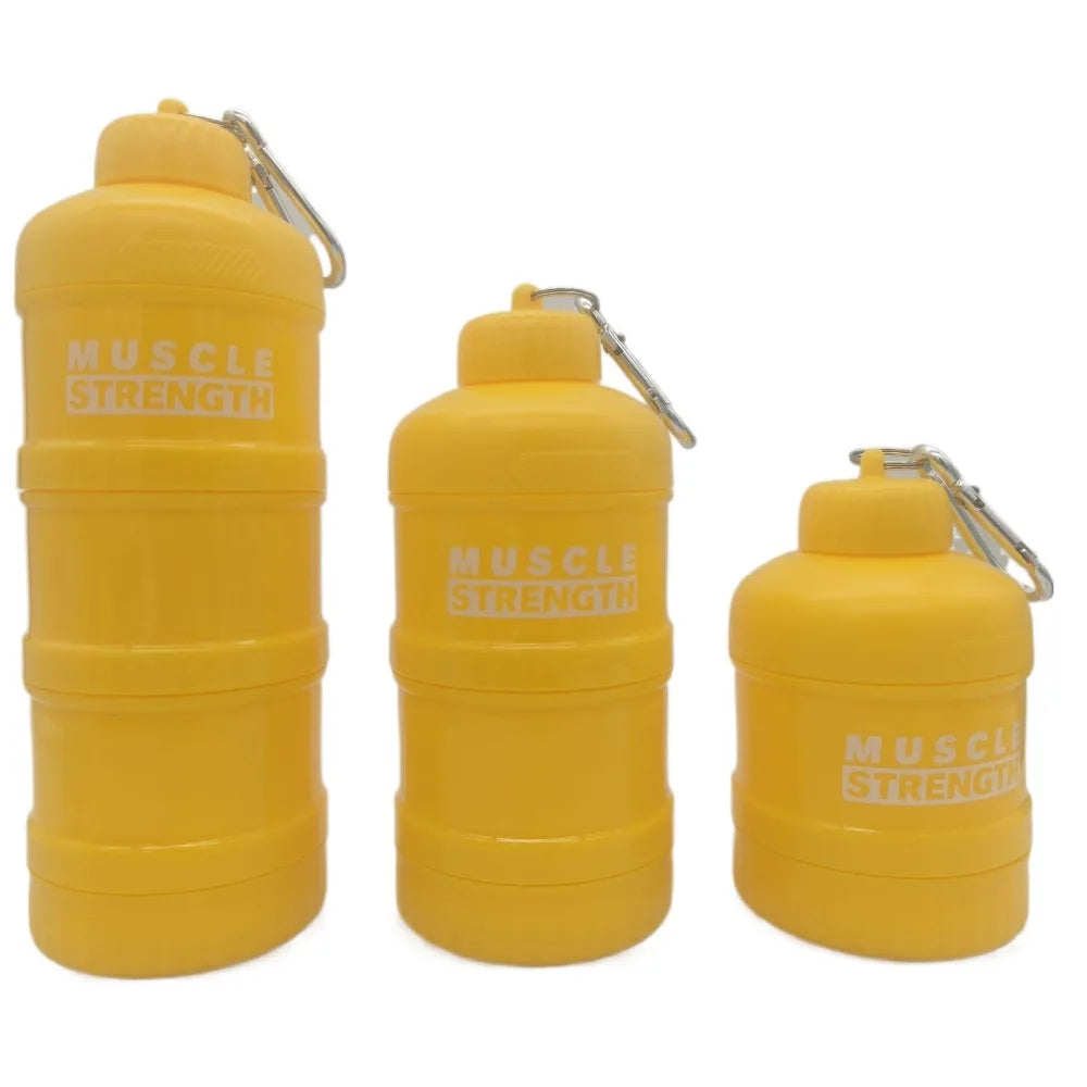 High Quality Plastic Protein Powder Box with Mountaineering Buckle Funnel Fitness Supplement Bottle Portable Medicine Box